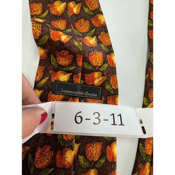 Ermenegildo Zegna‎ Tie Mens Orange Floral Tulip Pointed Silk Italy - Picture 5 of 7